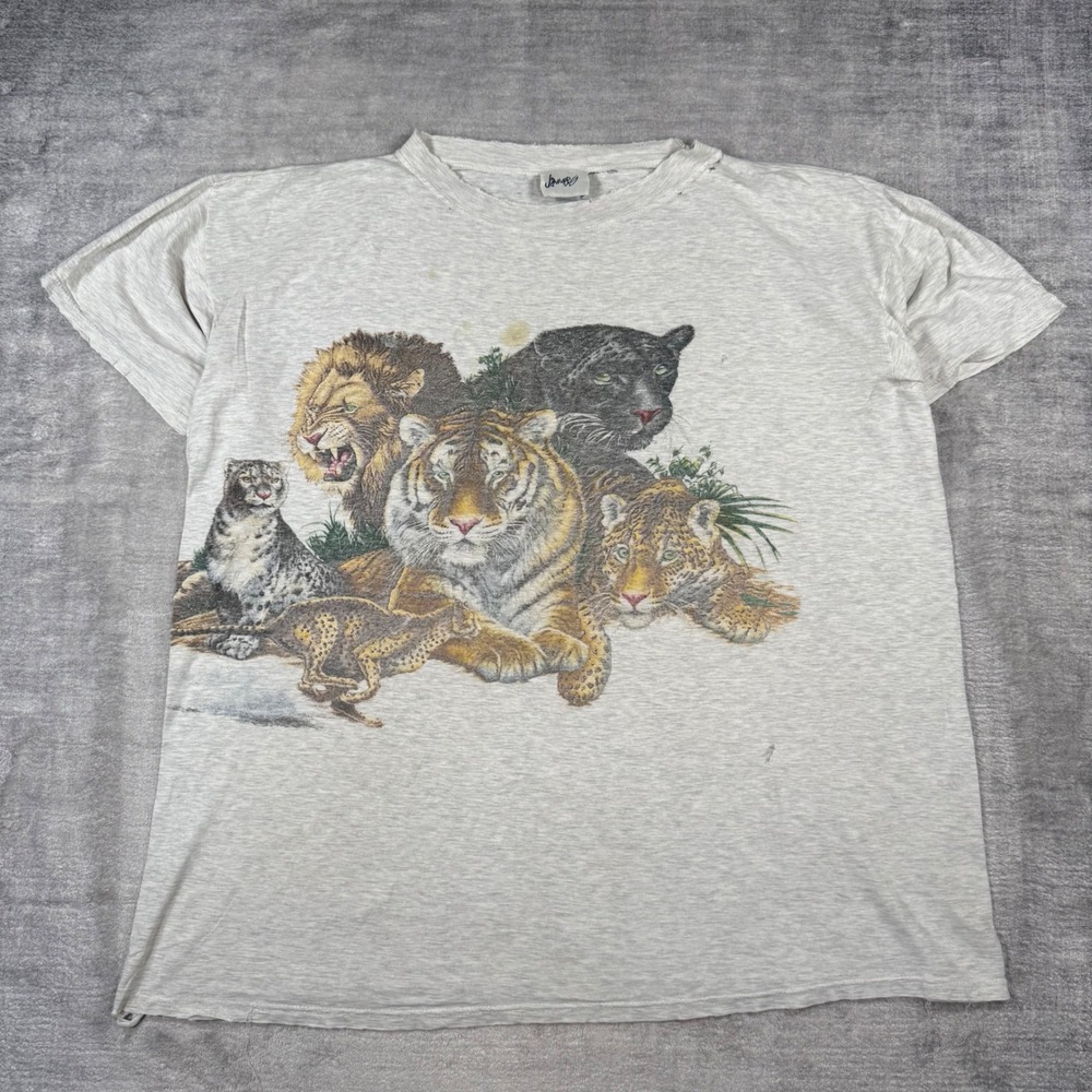 Vintage Nature Shirt Mens XL Grey Vintage 90s Big Cats Wrap Around Distressed